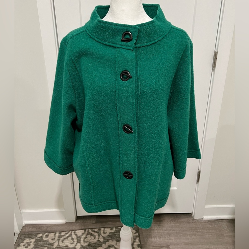 Chico’s “Addison” 3/4 length sleeve Keely green wool cardigan
